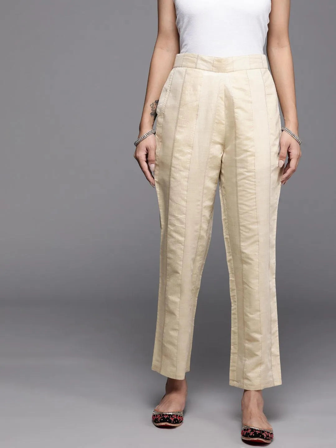 Beige Self Design Silk Trousers - Libas