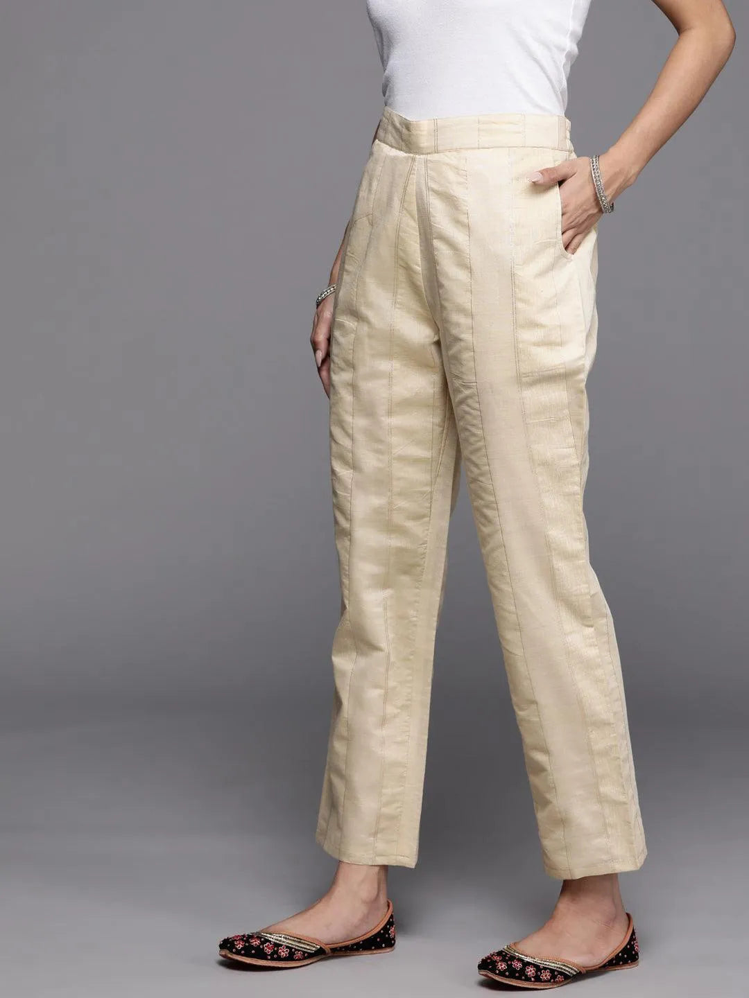 Beige Self Design Silk Trousers - Libas