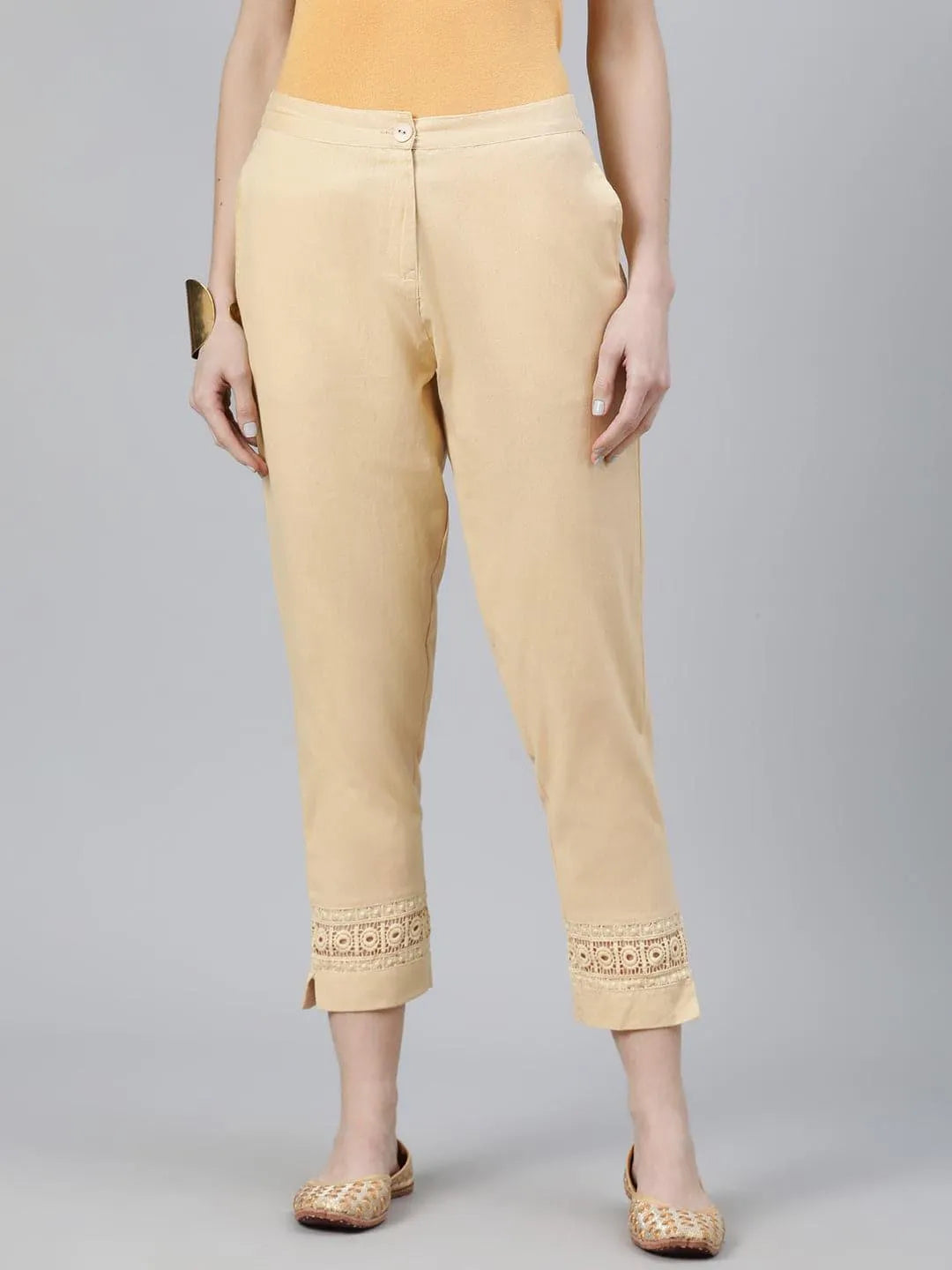 Beige Solid Cotton Palazzos - Libas 