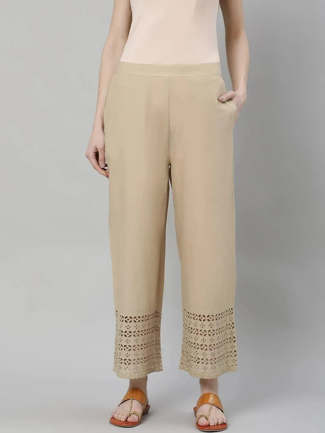 Beige Solid Cotton Palazzos - Libas