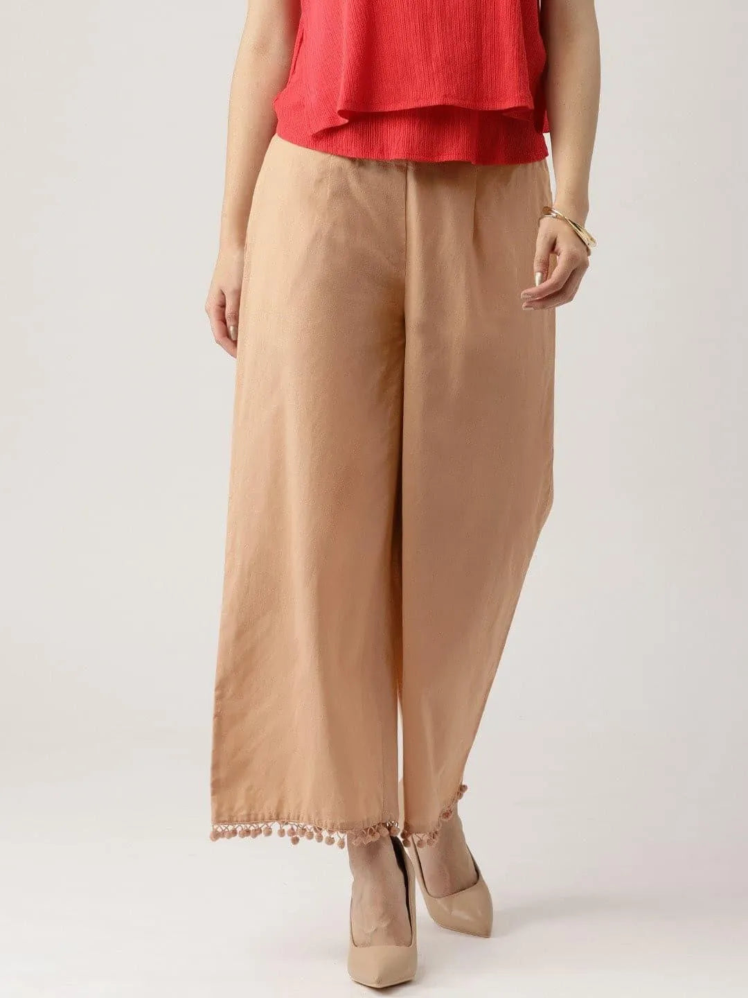 Beige Solid Cotton Palazzos - Libas 