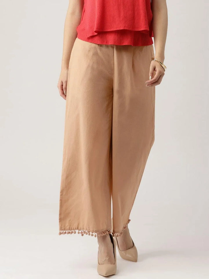 Beige Solid Cotton Palazzos - Libas