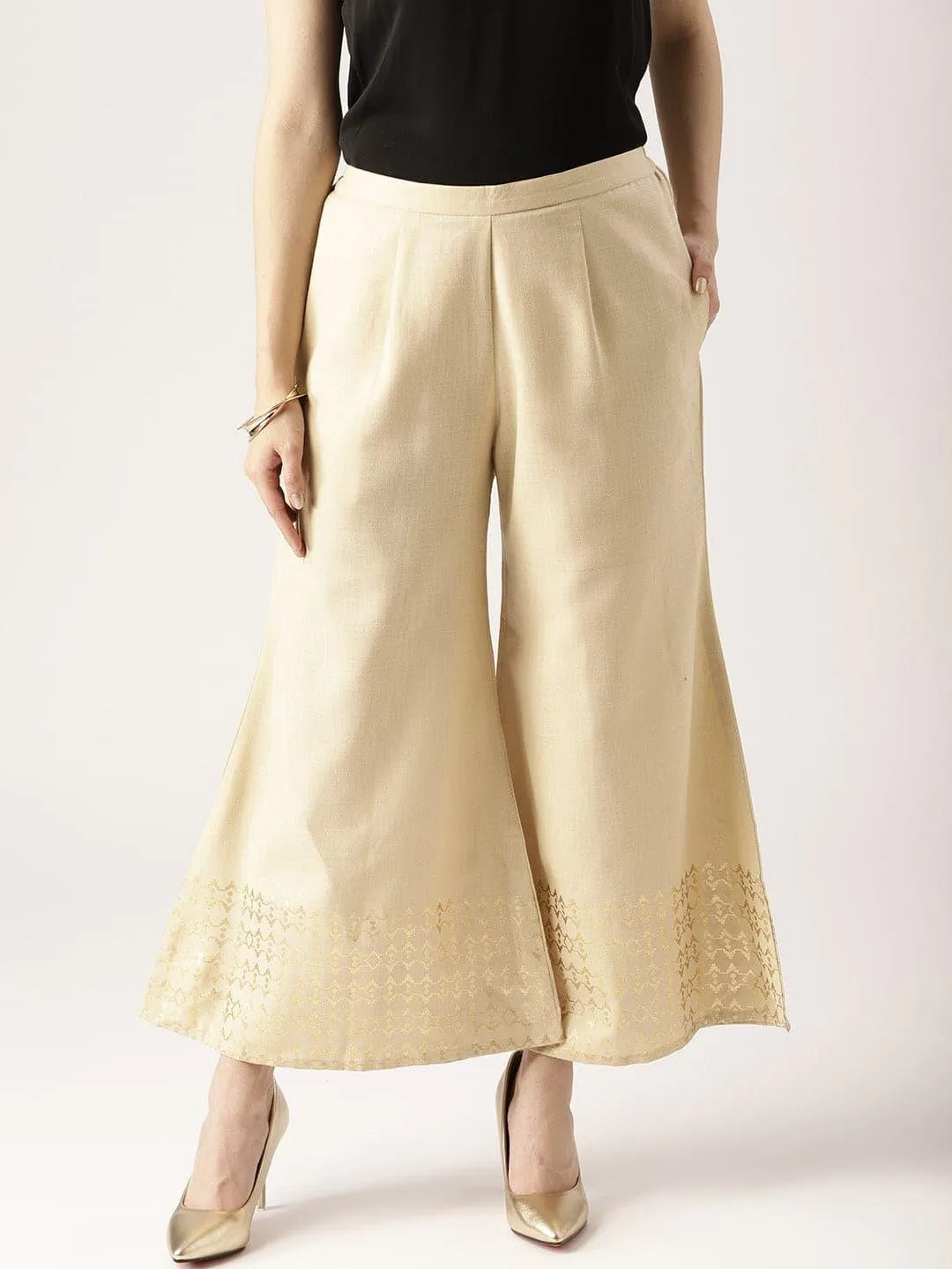 Beige Solid Cotton Palazzos - Libas 