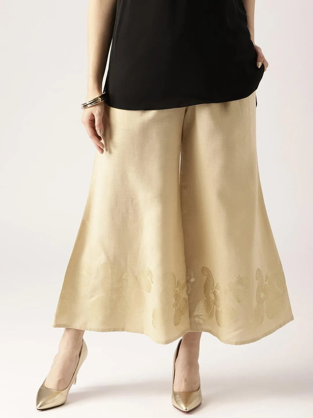 Beige Solid Cotton Palazzos - Libas