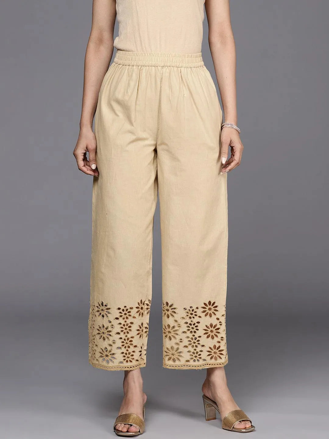 Beige Solid Cotton Palazzos - Libas 