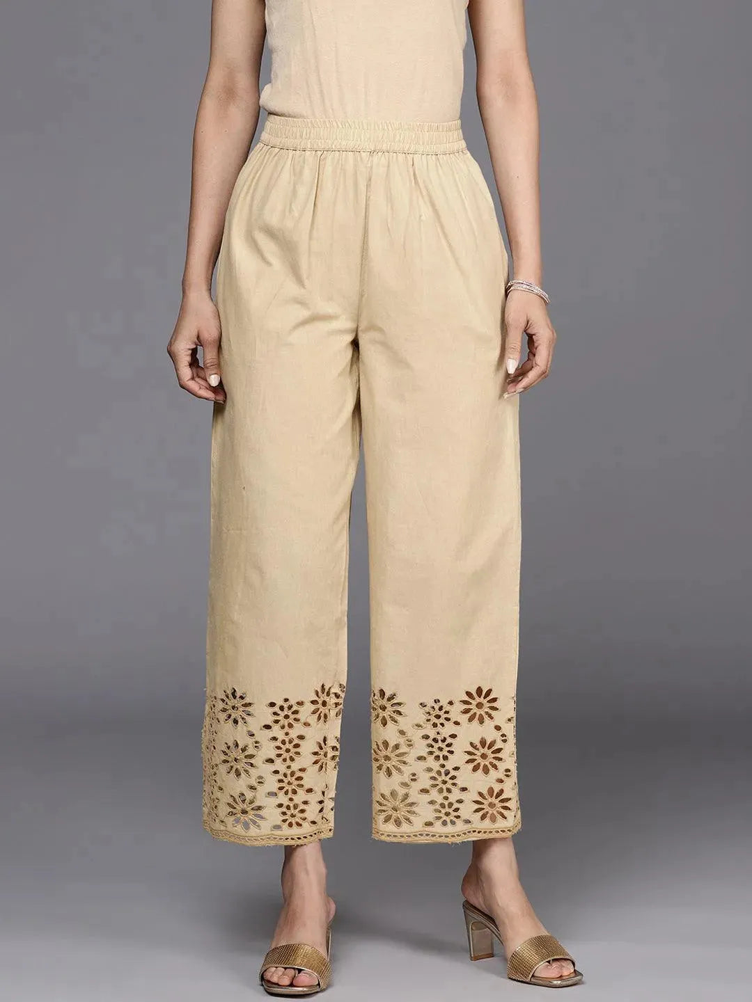 

Beige Solid Cotton Palazzos