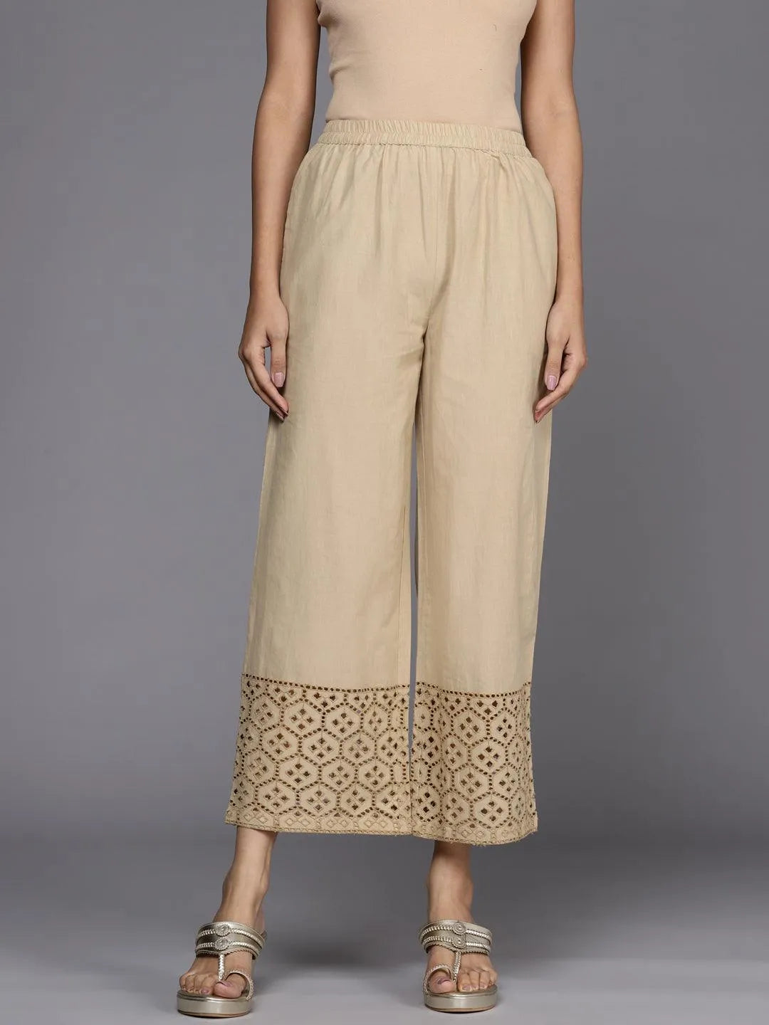 Beige Solid Cotton Palazzos - Libas 