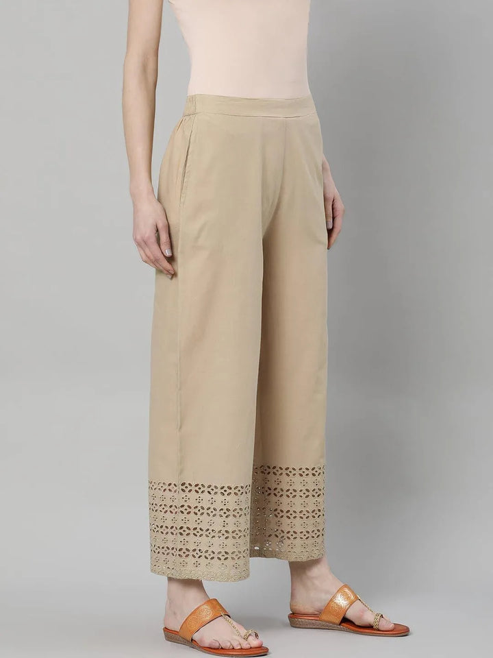 Beige Solid Cotton Palazzos - Libas