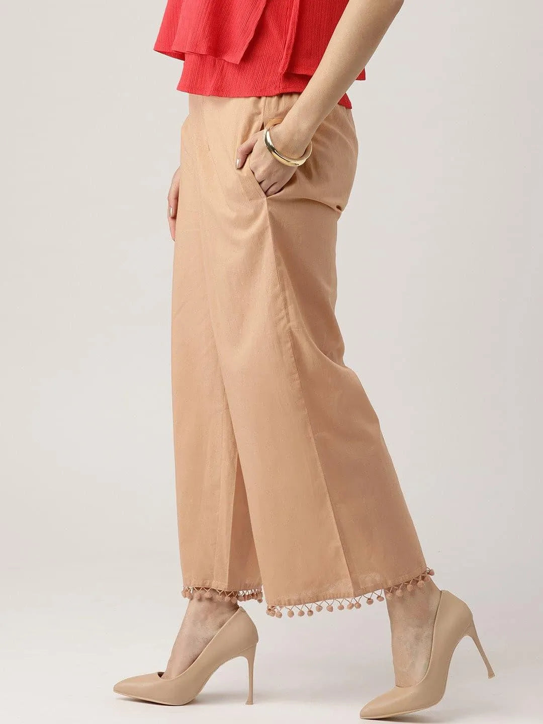 Beige Solid Cotton Palazzos - Libas 