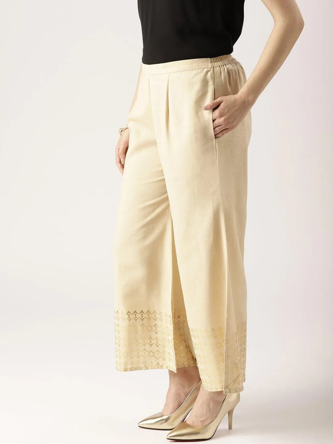 Beige Solid Cotton Palazzos - Libas