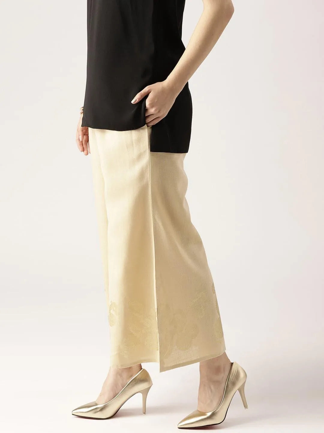 Beige Solid Cotton Palazzos - Libas 