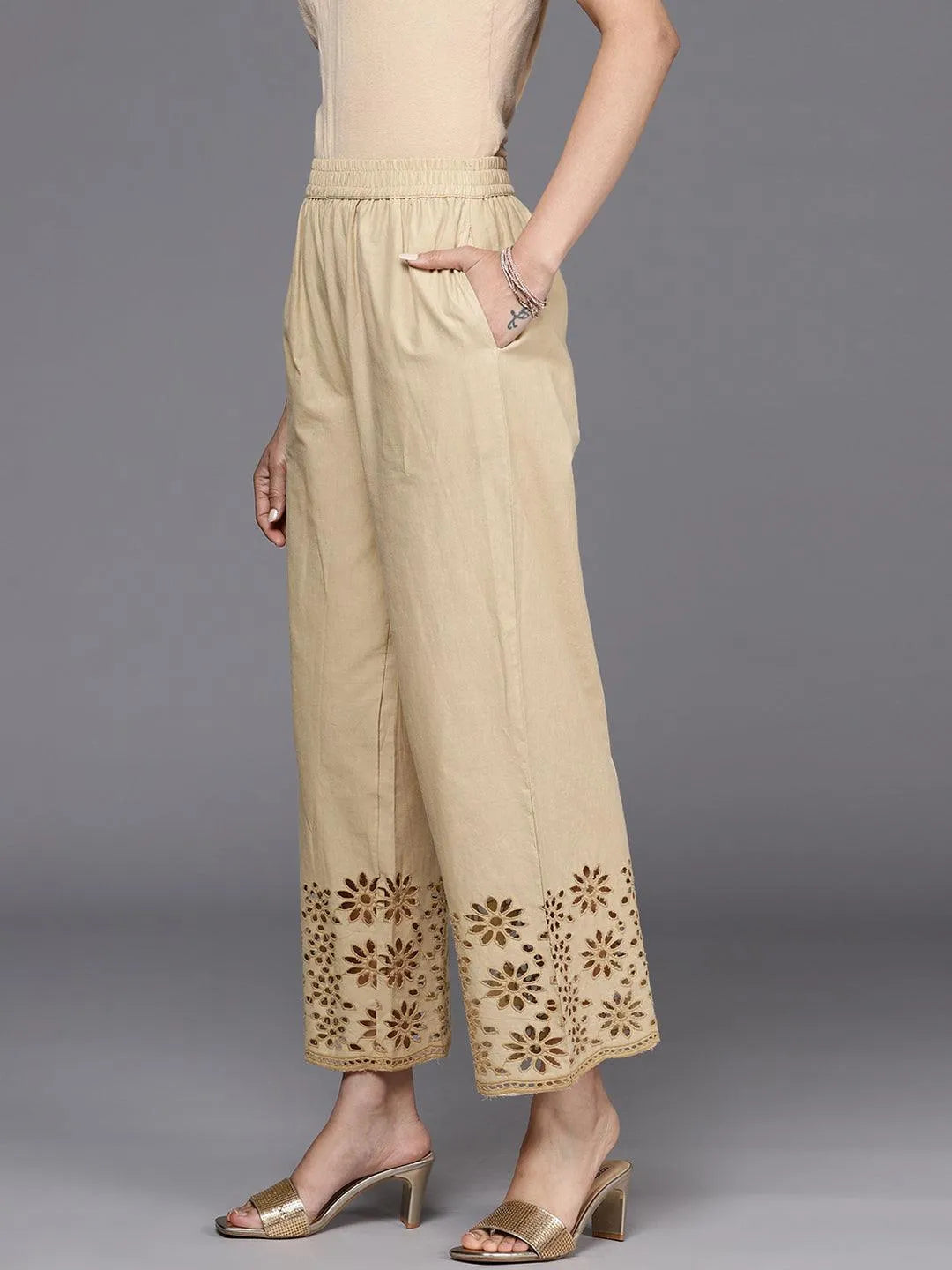 Beige Solid Cotton Palazzos - Libas 