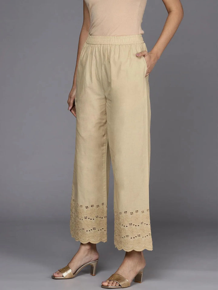 Beige Solid Cotton Palazzos - Libas