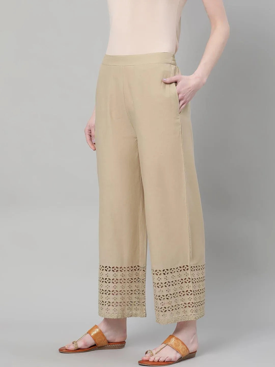 Beige Solid Cotton Palazzos - Libas