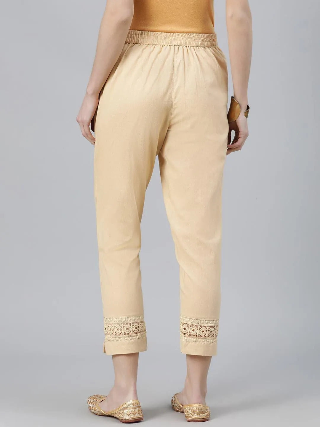 Beige Solid Cotton Palazzos - Libas 