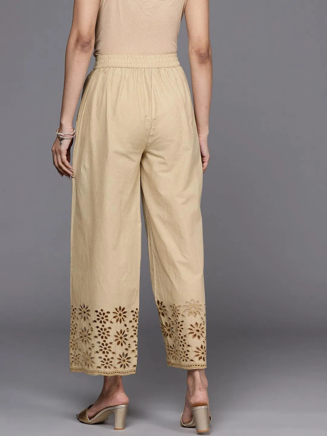 Beige Solid Cotton Palazzos - Libas