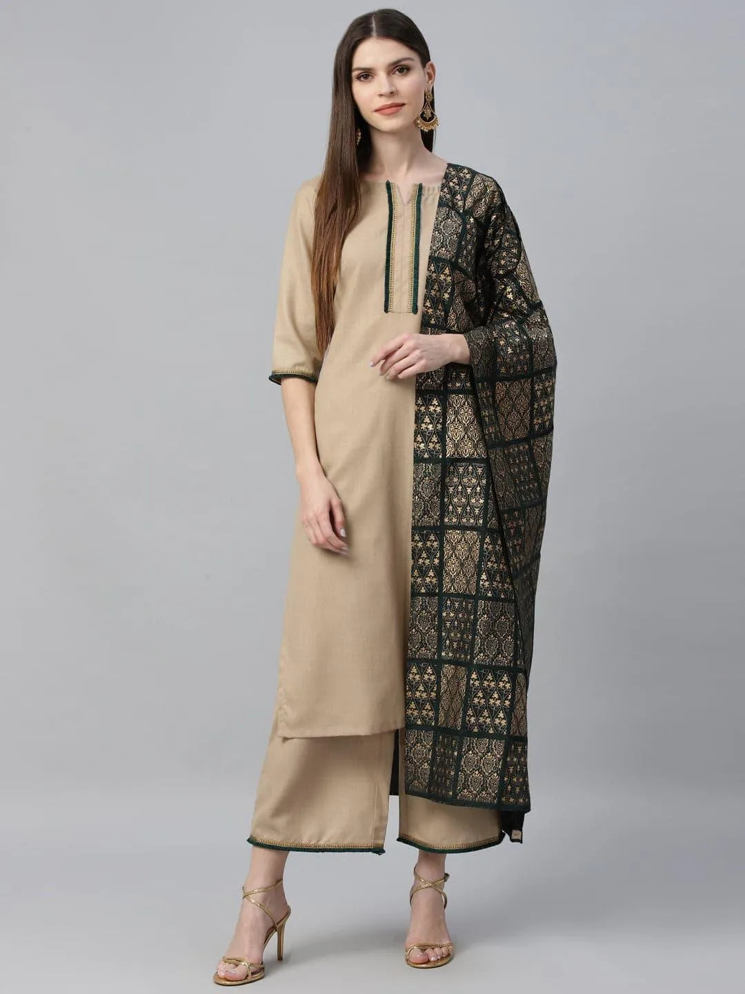 Beige Solid Cotton Suit Set - Libas 