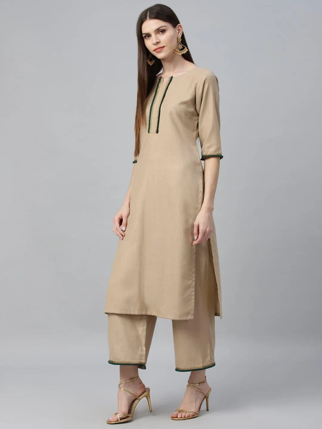 Beige Solid Cotton Suit Set - Libas 