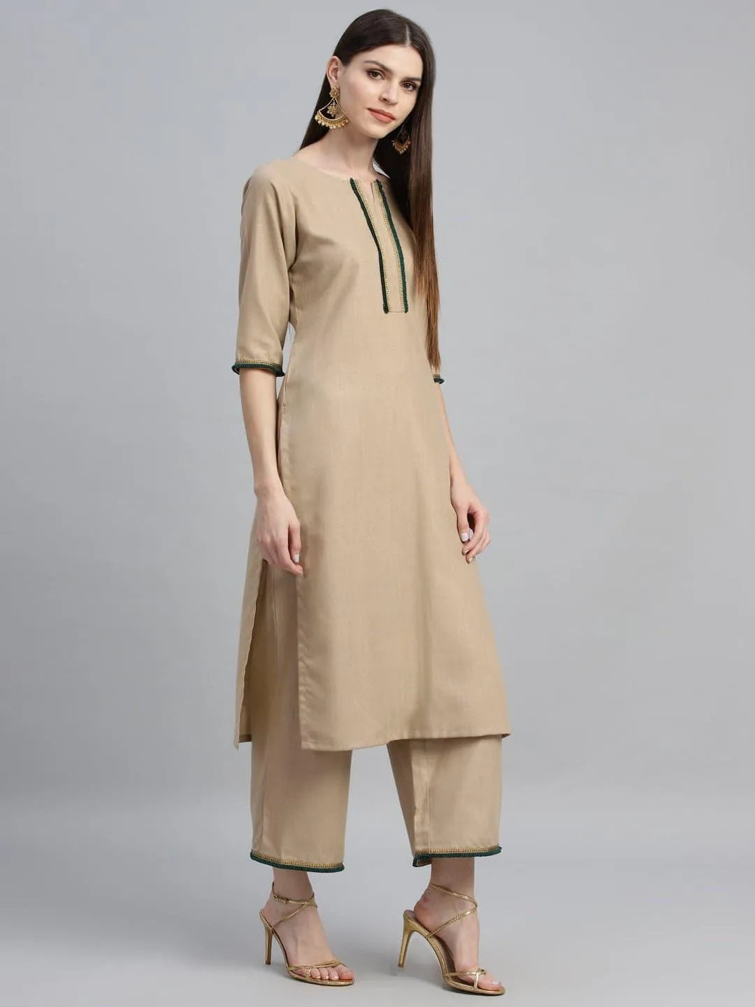 Beige Solid Cotton Suit Set - Libas 