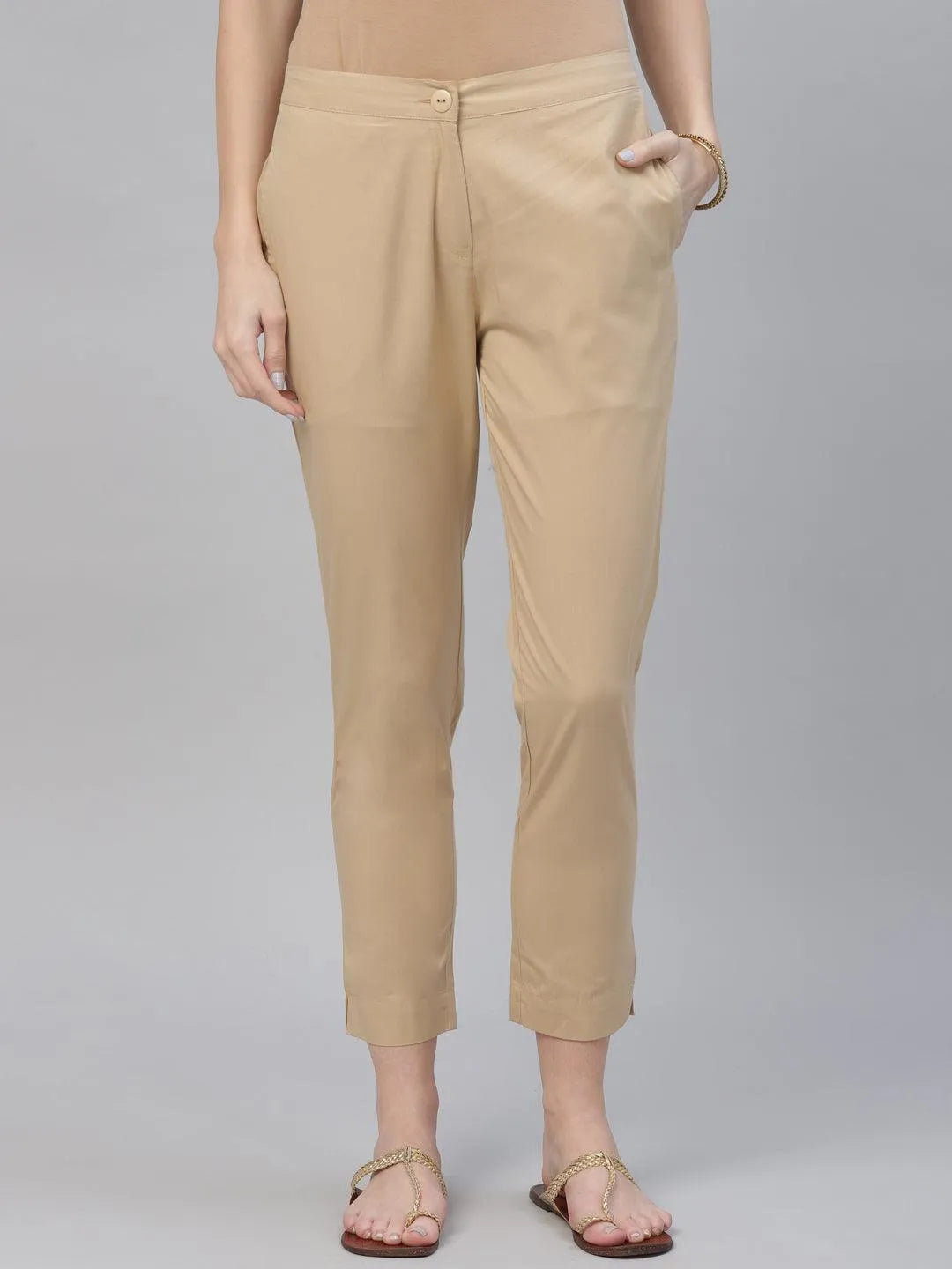 Beige Solid Cotton Trousers - Libas 