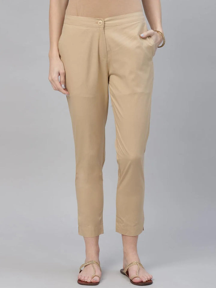 Beige Solid Cotton Trousers - Libas