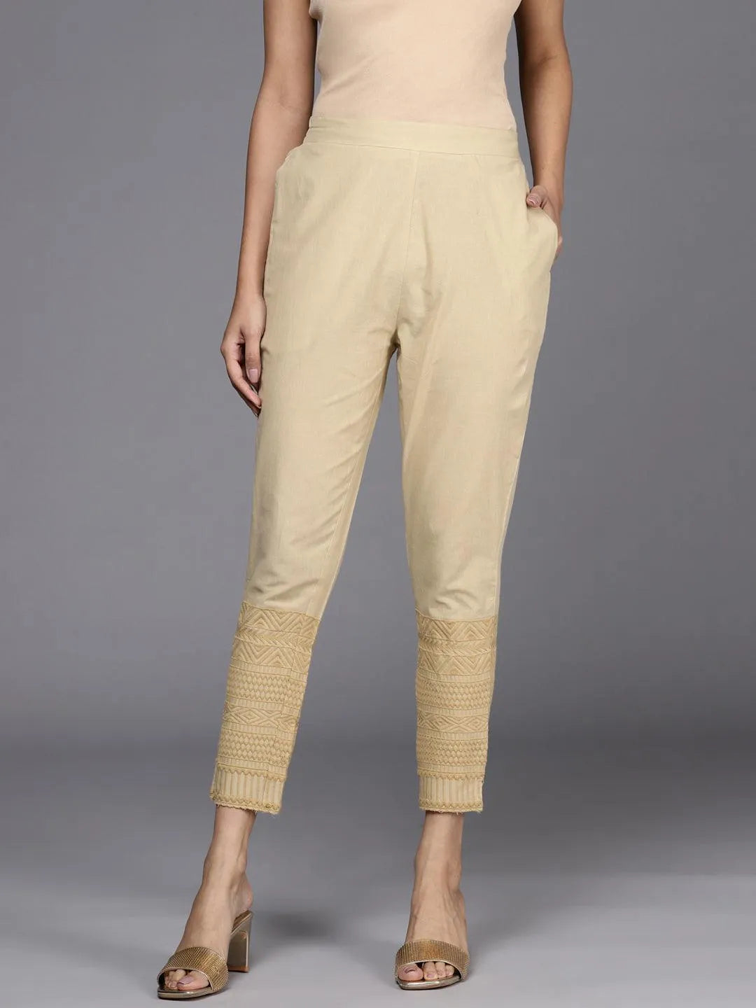 Beige Solid Cotton Trousers - Libas 