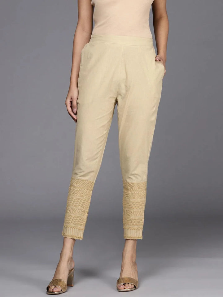 Beige Solid Cotton Trousers - Libas