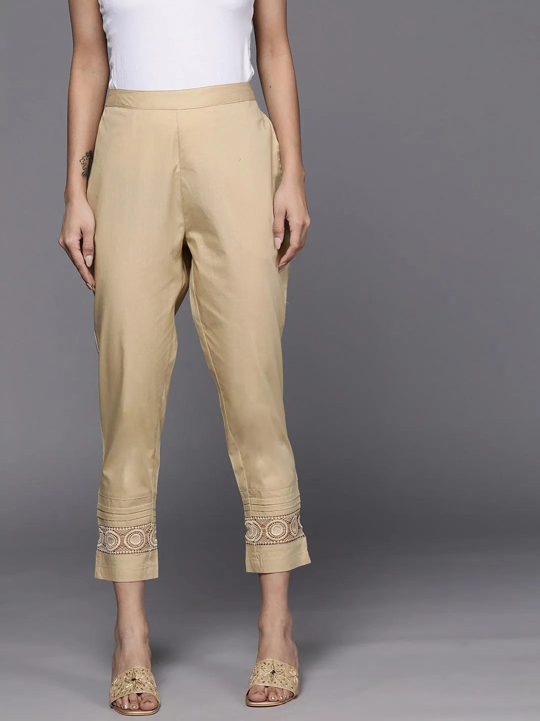 Beige Solid Cotton Trousers - Libas 