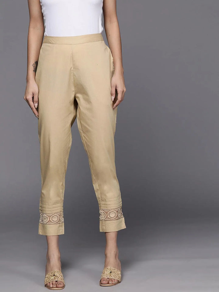 Beige Solid Cotton Trousers - Libas