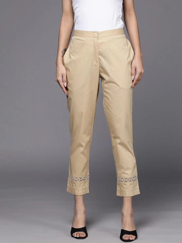 Beige Solid Cotton Trousers - Libas