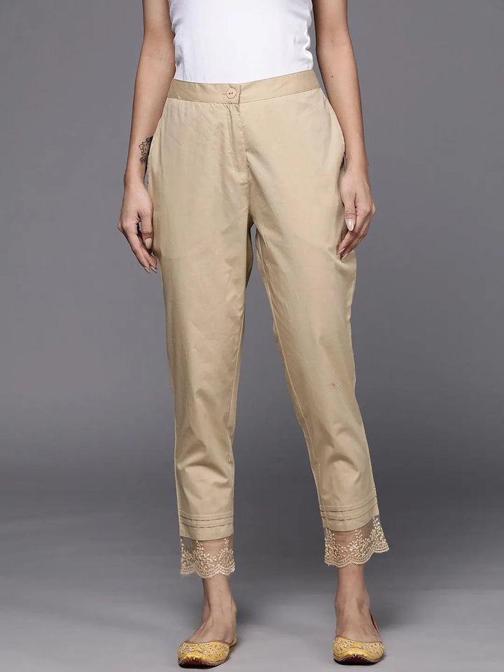 Beige Solid Cotton Trousers - Libas