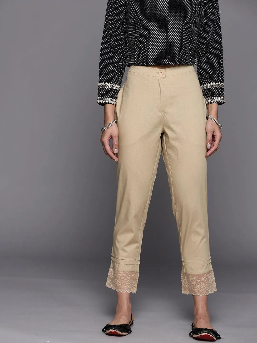 Beige Solid Cotton Trousers - Libas 