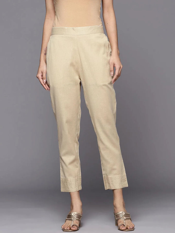 Beige Solid Cotton Trousers - Libas