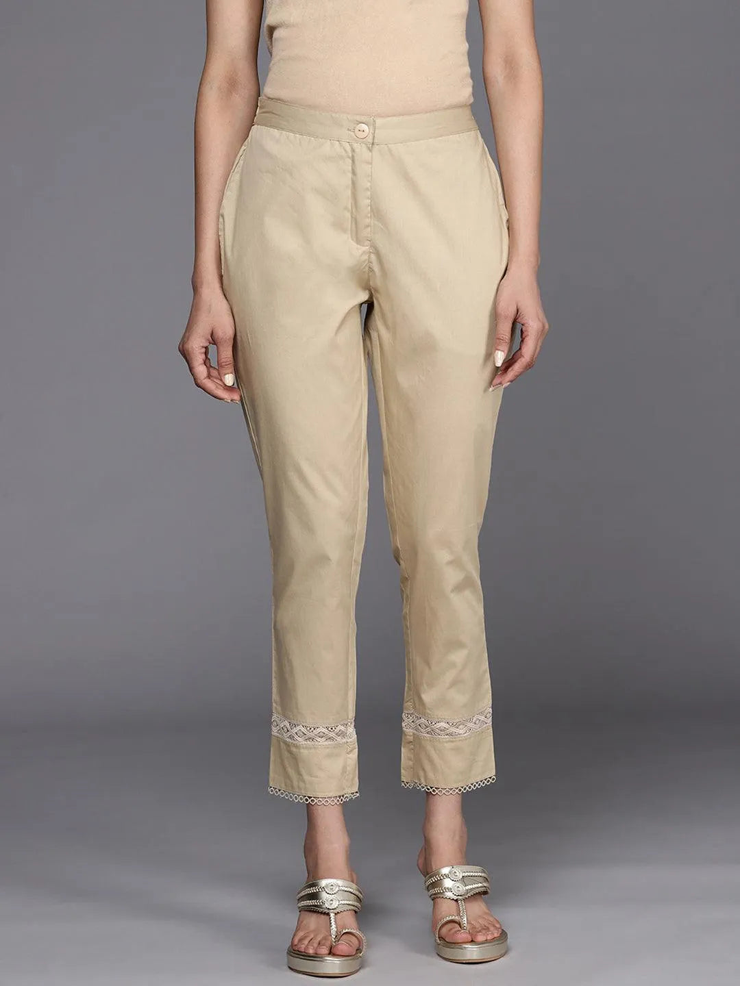 Beige Solid Cotton Trousers - Libas 