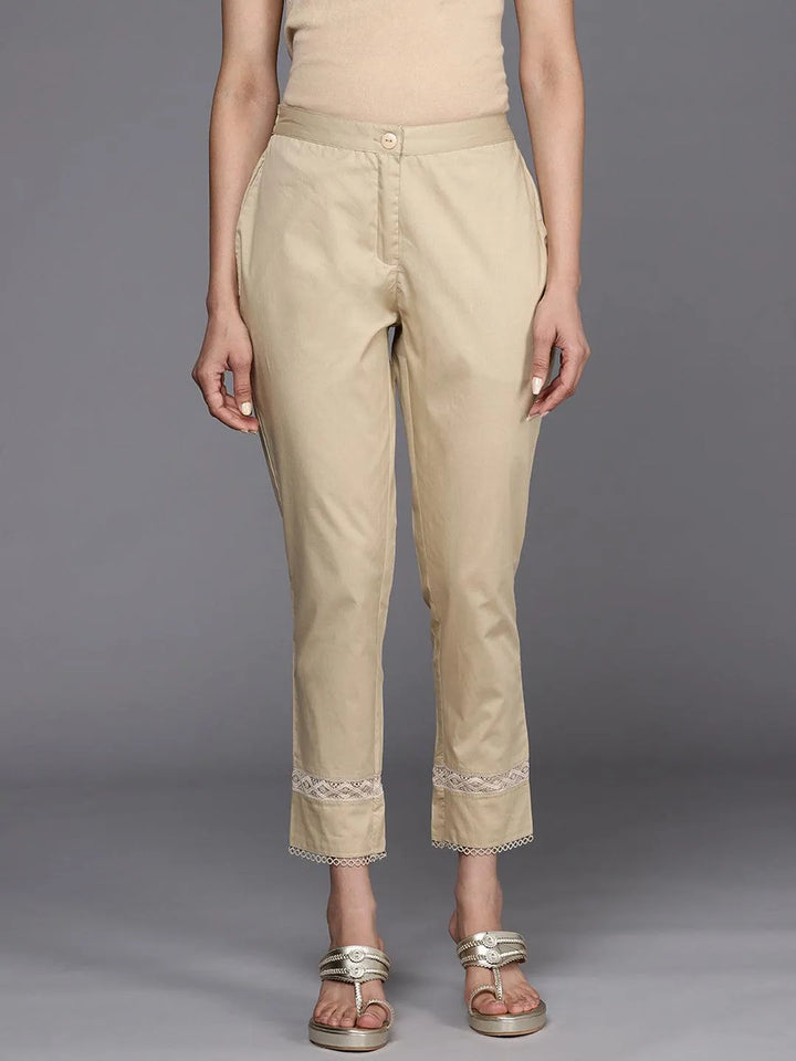 Beige Solid Cotton Trousers - Libas