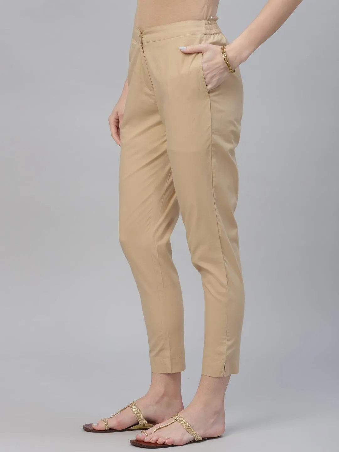 Beige Solid Cotton Trousers - Libas