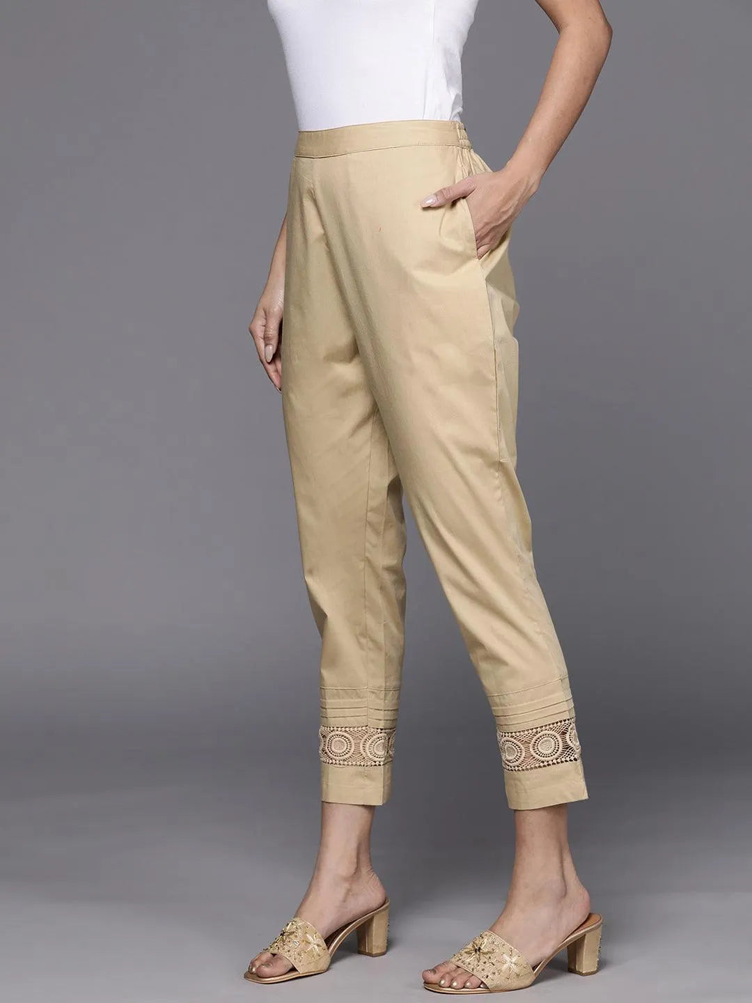 Beige Solid Cotton Trousers - Libas 