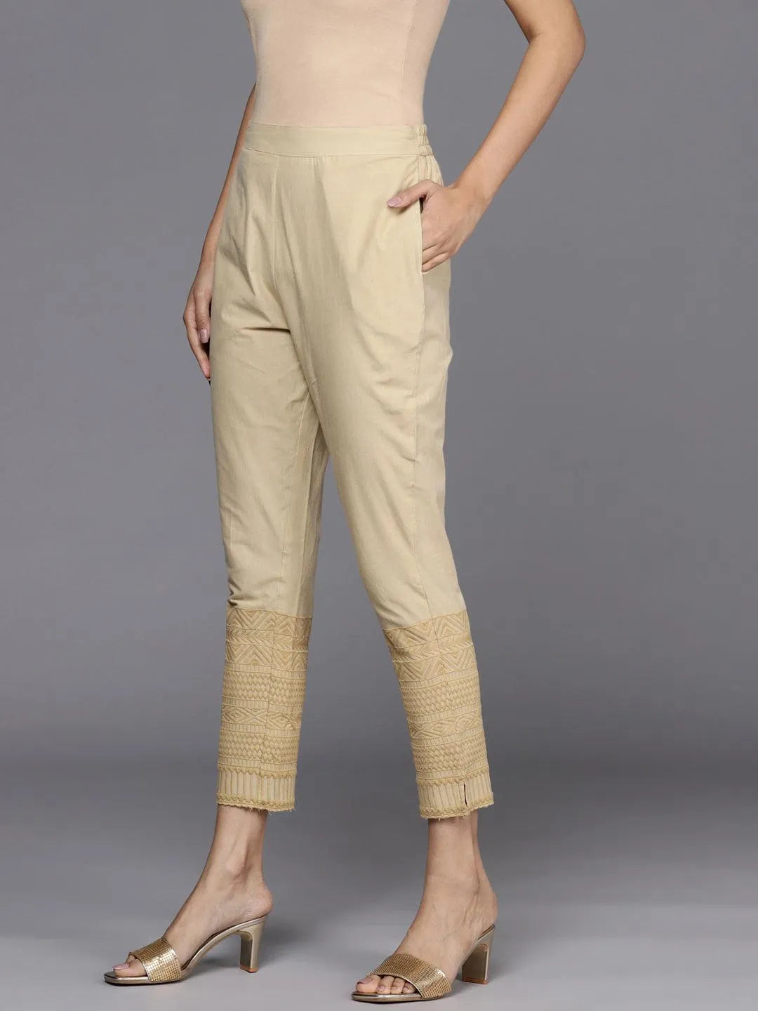 Beige Solid Cotton Trousers - Libas 