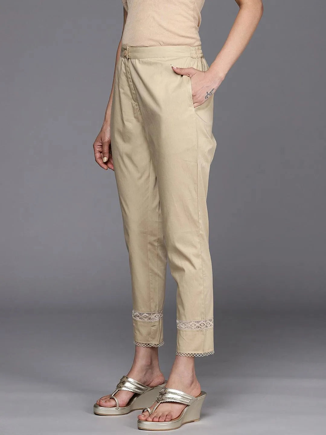 Beige Solid Cotton Trousers - Libas 