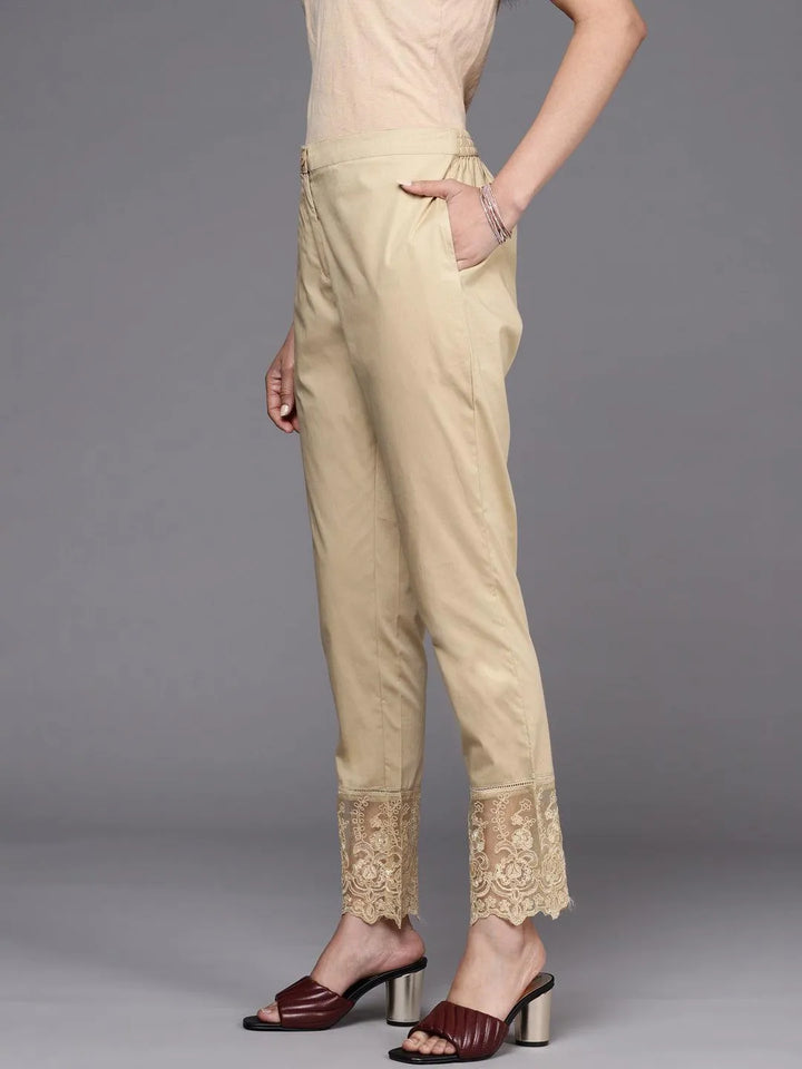 Beige Solid Cotton Trousers - Libas