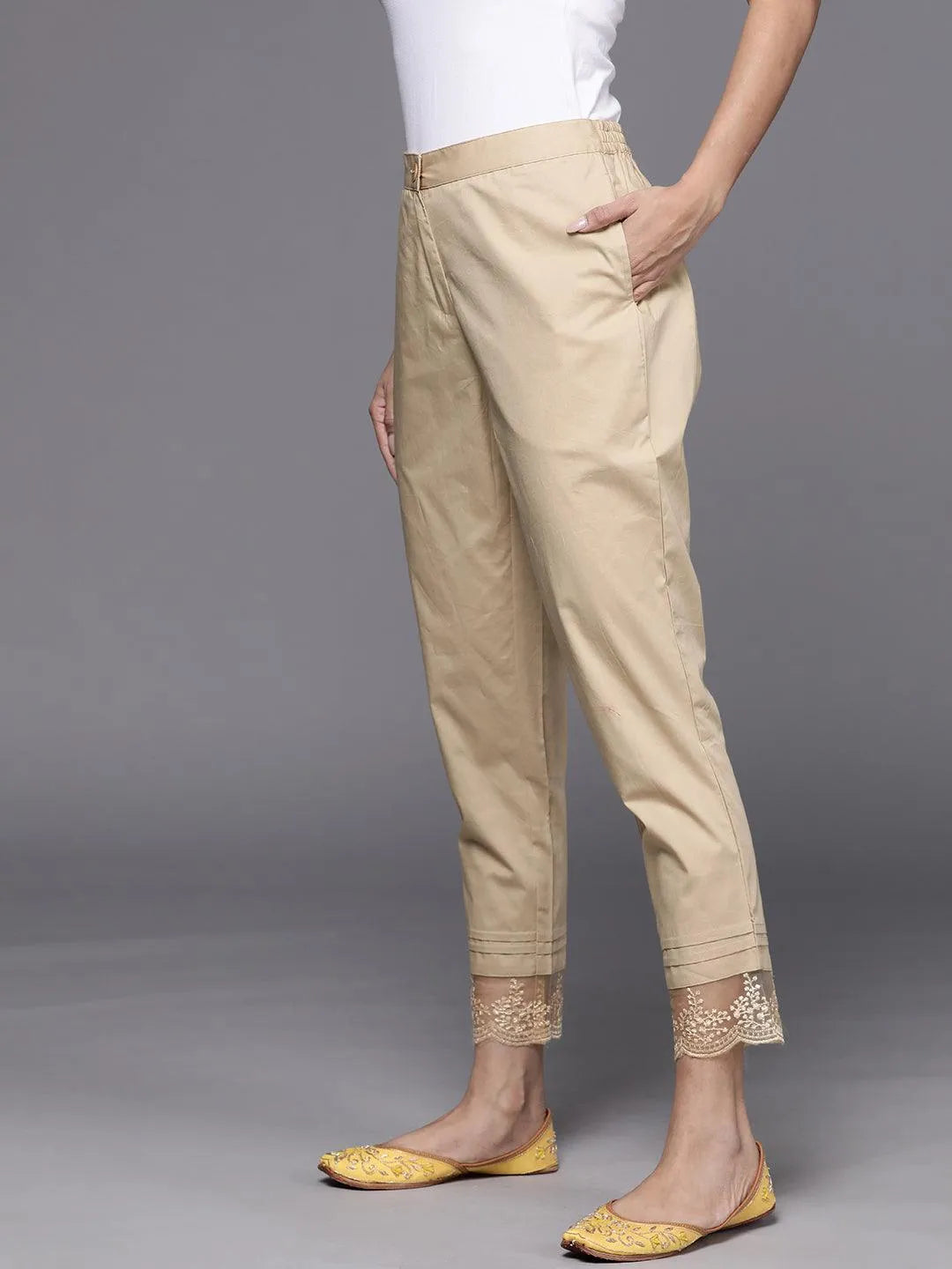 Beige Solid Cotton Trousers - Libas 