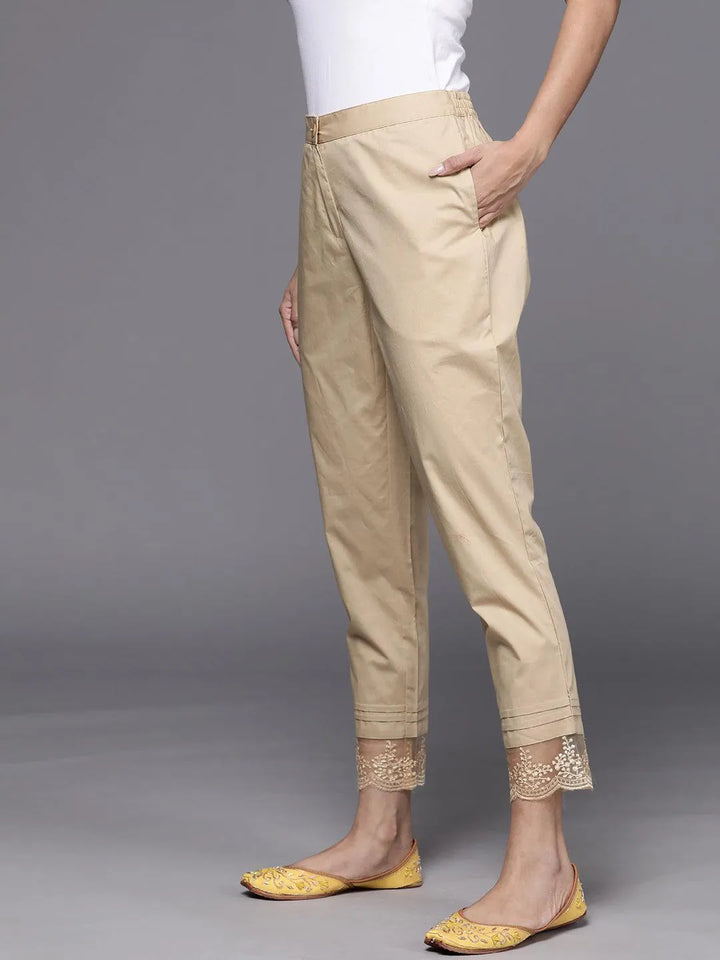 Beige Solid Cotton Trousers - Libas