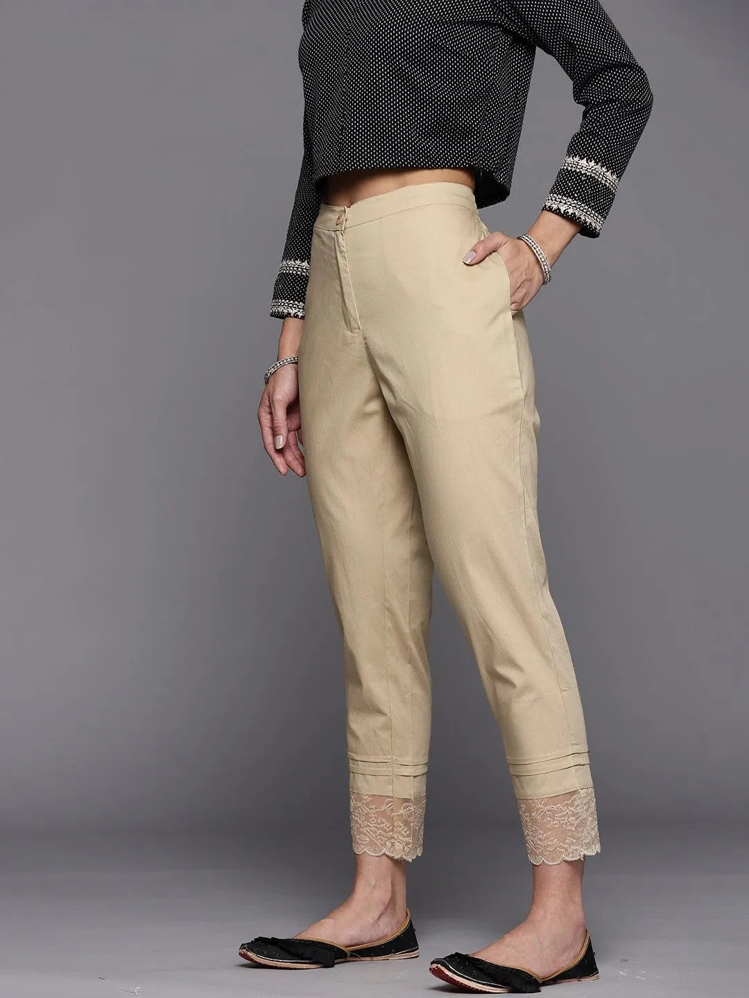 Beige Solid Cotton Trousers - Libas 