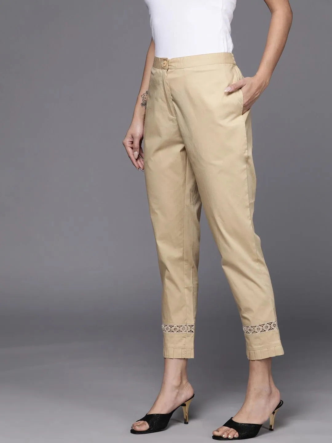 Beige Solid Cotton Trousers - Libas