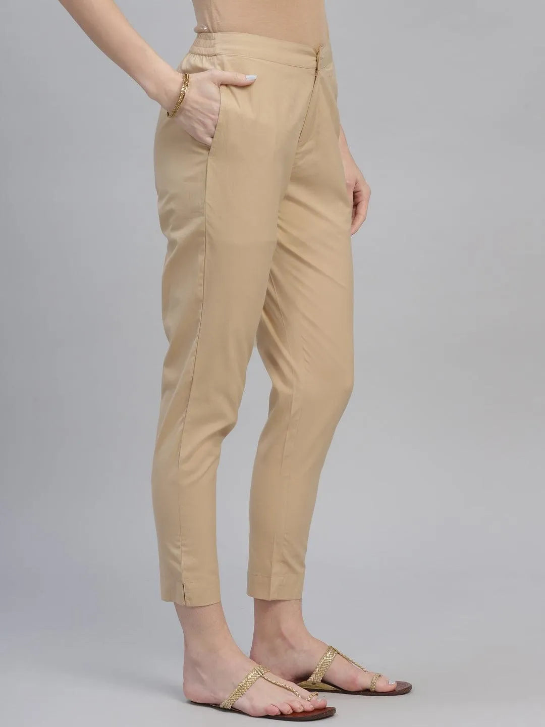 Beige Solid Cotton Trousers - Libas 