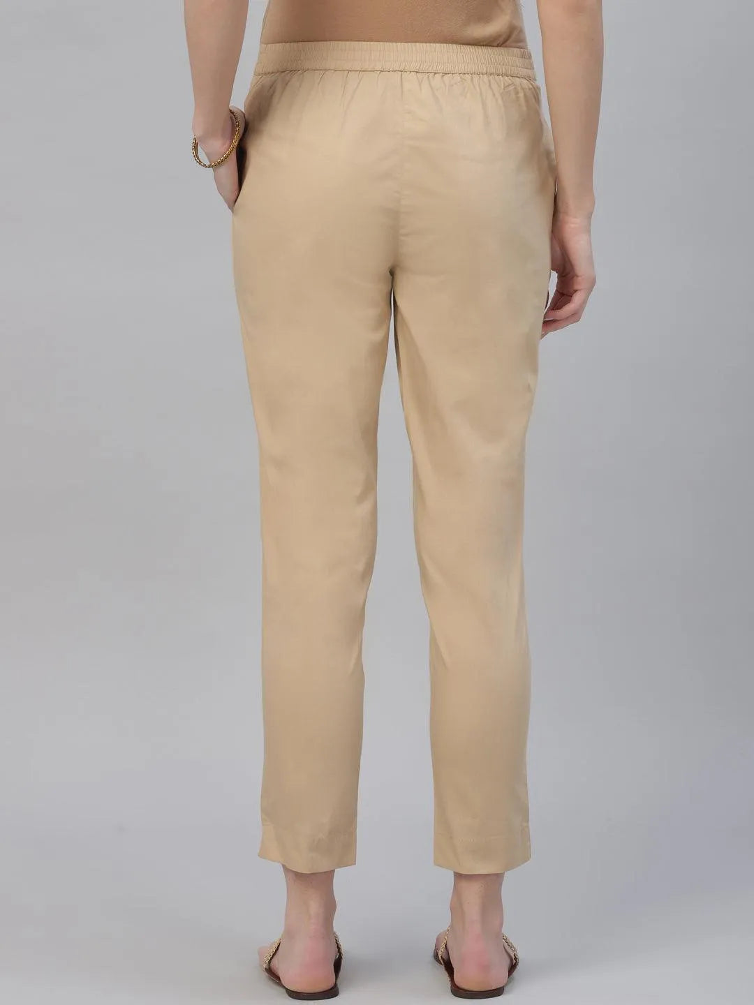 Beige Solid Cotton Trousers - Libas 