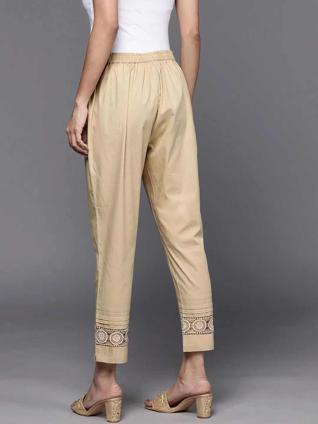 Beige Solid Cotton Trousers - Libas 