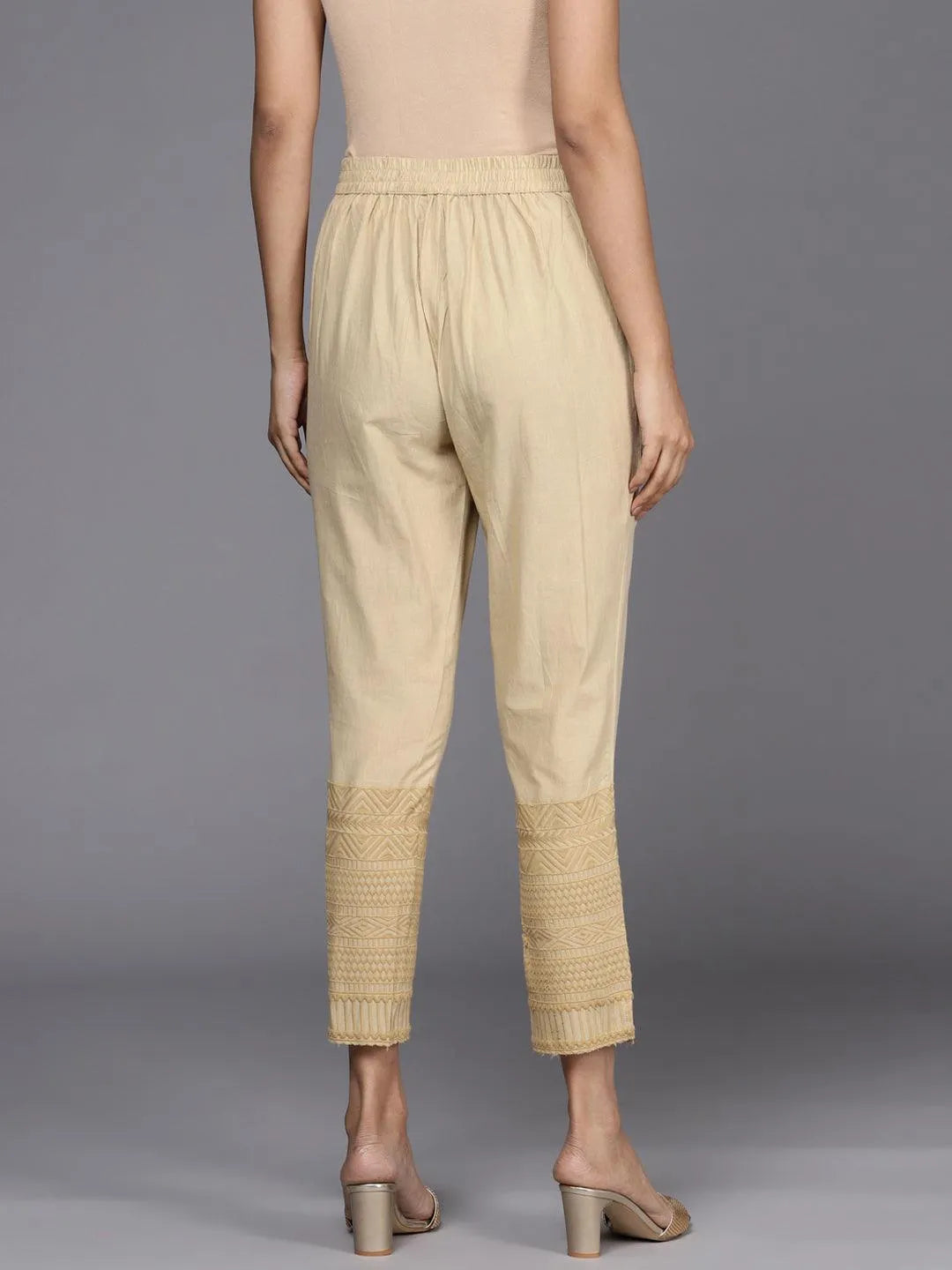 Beige Solid Cotton Trousers - Libas 