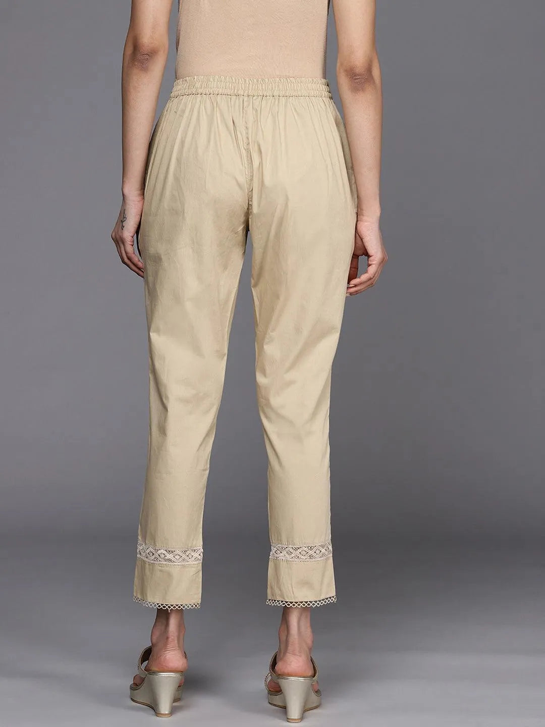 Beige Solid Cotton Trousers - Libas 