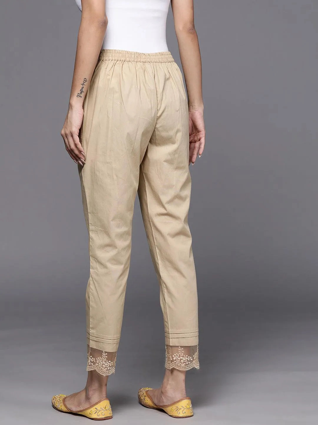 Beige Solid Cotton Trousers - Libas 